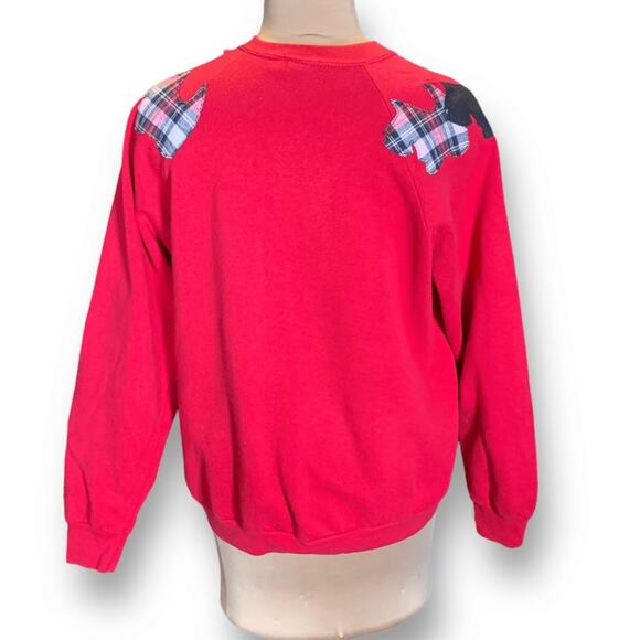 Vintage 80s Red Scottie Dog Applique Sweatshirt XL Plaid Preppy Holiday OOAK - Picture 6 of 9
